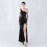 Women Flower Sequin Beaded One-shoulder Evening Dress