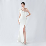Women Beaded One-shoulder Slash Shoulder Evening Dress