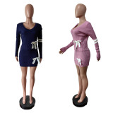 Women Casual Bowknot V-neck Sweater And Skirt Two Piece Set