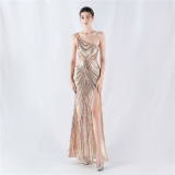 Women Flower Sequin Beaded One-shoulder Evening Dress