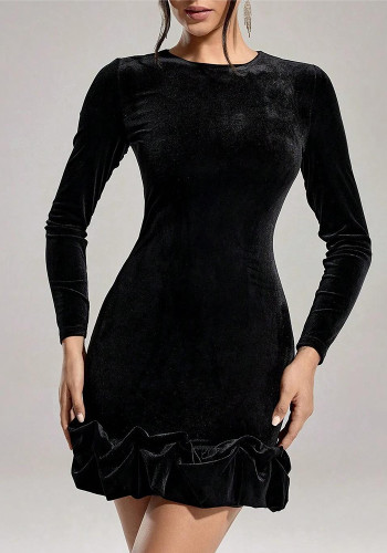 Women Season Sexy Long Sleeve Black Round Neck Dress