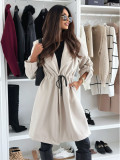 Women Turndown Collar Drawstring Solid Woolen Coat