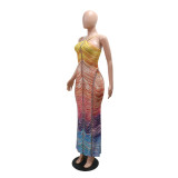 Women's Printed Fashion Sexy Slim Beaded Long Dress