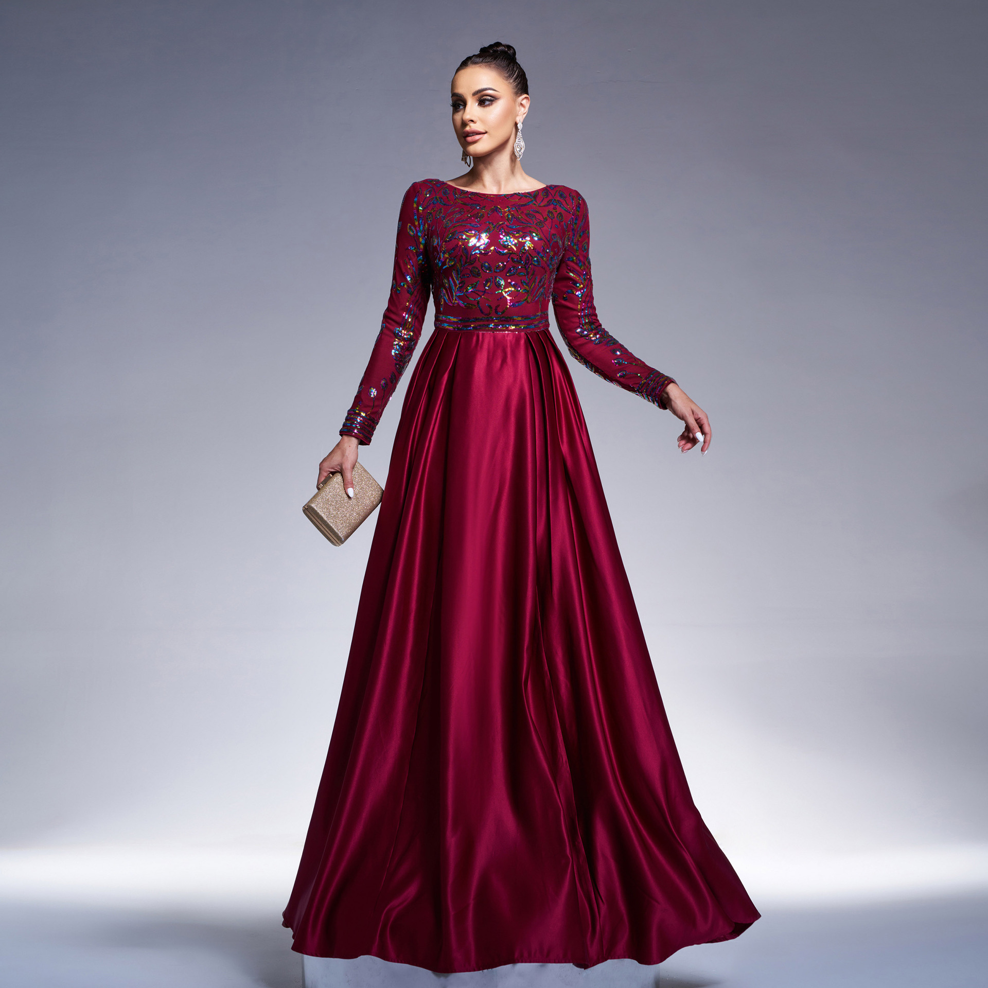Luxury Long Sleeve Chic Round Neck Long Sequined Formal Party Swing Evening Dress Bridesmaid Dress