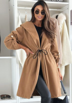 Women Turndown Collar Drawstring Solid Woolen Coat Women Turndown Collar Drawstring Solid Woolen Coat