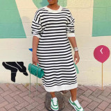 Autumn Winter Women's Fashion Striped Round Neck Plus Size Knitting Loose Long Dress