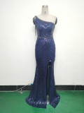 Women Flower Sequin Beaded One-shoulder Slash Shoulder Split Evening Dress