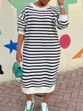 Autumn Winter Women's Fashion Striped Round Neck Plus Size Knitting Loose Long Dress