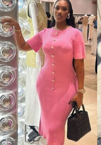 Chic Knitting Round Neck Single-Breasted Short-Sleeved Slim Midi Dress