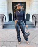 Autumn Winter Women's Fashion Button Zipper Elastic Stacked Leather Pants