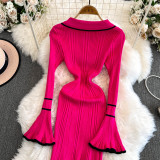 Winter Turndown Collar Knitting Dress Women Long Sleeve Fashion Chic Slim Waist Sweater Dress