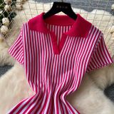 Contrast Turndown Collar Short-Sleeved Striped Women's Slim Waist Knitting Dress