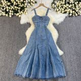 Summer Strap Low Back High Waist Zipper Slim Denim Dress