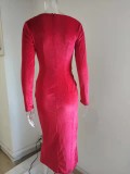 Women Sexy Leg-Exposing Long Sleeve Velvet Dress