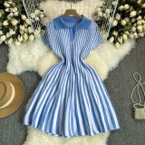 Contrast Turndown Collar Short-Sleeved Striped Women's Slim Waist Knitting Dress