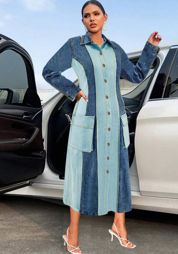 Plus Size Women's Denim Patchwork Turndown Collar Long Sleeve Long Dress