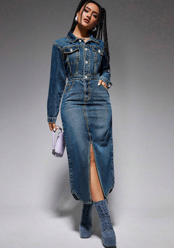 Women's Turndown Collar Button Long Sleeve Slit Denim Long Dress
