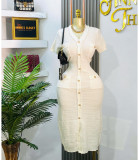 Summer Women's Buttoned Short-Sleeved V-Neck Slim Waist Slim Knitting Dress