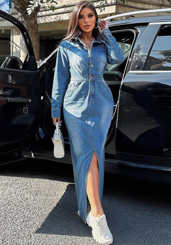 Fashionable Women's Turndown Collar Denim Long Sleeve Slit Long Dress