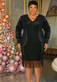 Plus Size Women's Sequin V Neck Long Sleeve Tassel Maxi Dress