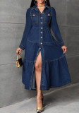 Elegant Long Sleeve Denim Long Dress