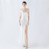 Women Flower Sequin Beaded One-shoulder Evening Dress