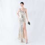 Women Flower Sequin Beaded One-shoulder Slash Shoulder Split Evening Dress
