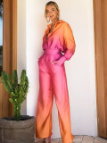 Women's Autumn Fashion Gradient Print Long Sleeve Shirt Pants Two Piece Set
