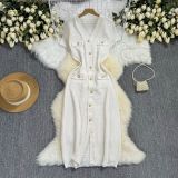 Summer Women's Buttoned Short-Sleeved V-Neck Slim Waist Slim Knitting Dress