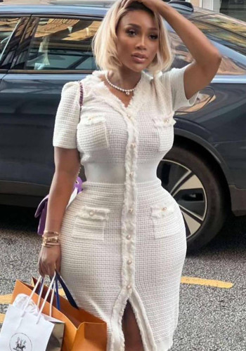 Summer Women's Buttoned Short-Sleeved V-Neck Slim Waist Slim Knitting Dress