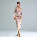 Long Sleeve Chic Square Neck Sexy Maxi Sequin Formal Party Evening Dress Bridesmaid Dress