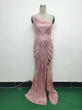Women Flower Sequin Beaded One-shoulder Slash Shoulder Split Evening Dress