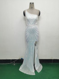Women Flower Sequin Beaded One-shoulder Evening Dress
