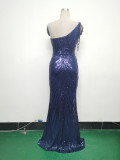 Women Flower Sequin Beaded One-shoulder Slash Shoulder Split Evening Dress