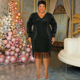 Plus Size Women's Sequin V Neck Long Sleeve Tassel Maxi Dress