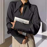 Rib Long-Sleeved Loose Turndown Collar Shirt Top