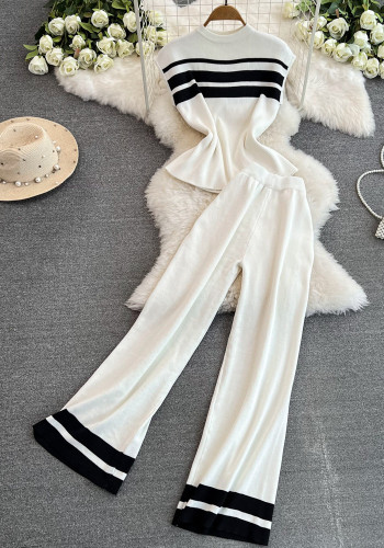 Fashion Women Sleeveless Slim Knitting Top Casual High Waist Straight Wide-Leg Pants Two-Piece Set
