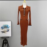 Winter Turndown Collar Knitting Dress Women Long Sleeve Fashion Chic Slim Waist Sweater Dress