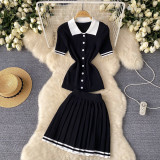Contrast Turndown Collar Short-Sleeved Shirt Top High Waist Slim Fit Pleated Skirt Two Piece Set