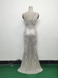 Women Flower Sequin Beaded One-shoulder Evening Dress
