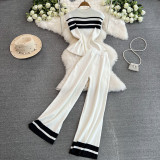 Fashion Women Sleeveless Slim Knitting Top Casual High Waist Straight Wide-Leg Pants Two-Piece Set