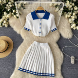 Contrast Turndown Collar Short-Sleeved Shirt Top High Waist Slim Fit Pleated Skirt Two Piece Set