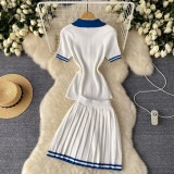 Contrast Turndown Collar Short-Sleeved Shirt Top High Waist Slim Fit Pleated Skirt Two Piece Set