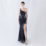 Women Flower Sequin Beaded One-shoulder Evening Dress