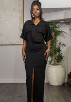 Women's Summer Turndown Collar Fake Pocket Shirt Top Slim Slit Skirt Two Piece Set