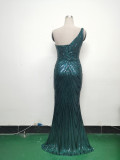 Women Flower Sequin Beaded One-shoulder Evening Dress