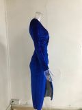 Women Sexy Leg-Exposing Long Sleeve Velvet Dress