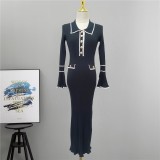 Winter Turndown Collar Knitting Dress Women Long Sleeve Fashion Chic Slim Waist Sweater Dress