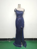 Women Flower Sequin Beaded One-shoulder Evening Dress