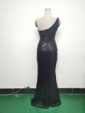 Women Flower Sequin Beaded One-shoulder Evening Dress
